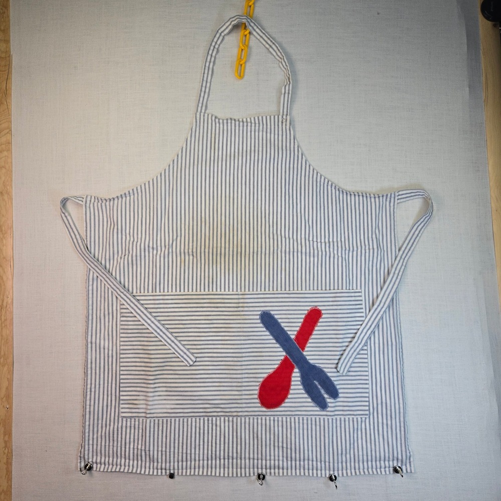 VTG Handmade Hickory Stripe Apron Applique Blue White‎ Utensils Cooking Pockets